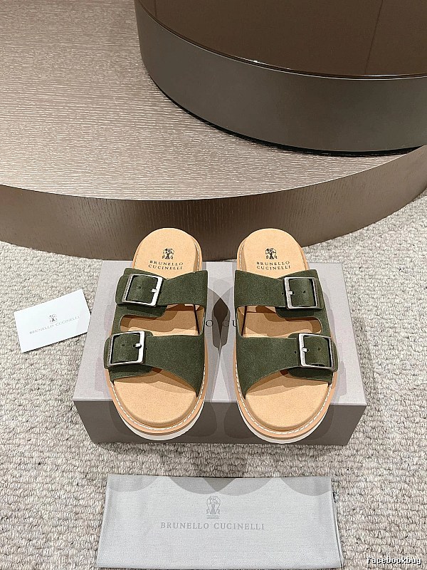 Brunello Cucinelli Casual Style Army Green Double-Buckle Slide Sandals