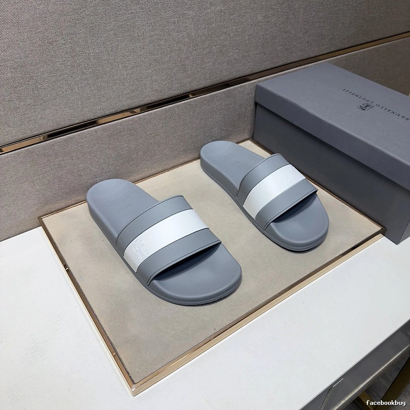Brunello Cucinelli Casual Style Gray and White Color-block Slides