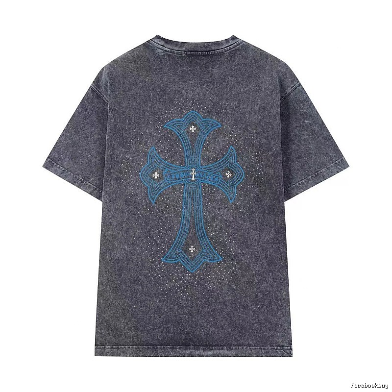 Chrome Hearts Blue Cross Vintage Charcoal Gray Short Sleeve T-shirt