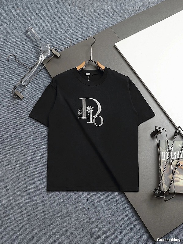 Dior Co-branded Embroidered Light Luxury Style Black Short-sleeve T-shirt