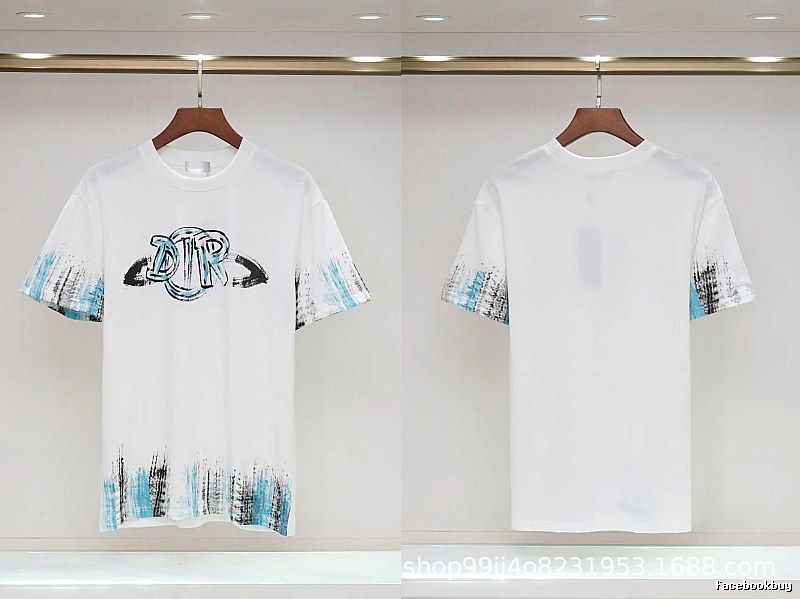 Dior Graffiti Collection Street Style White and Blue Short-sleeve T-shirt