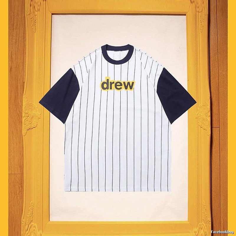DREW Letter Print Street Style White and Navy Blue Short Sleeve T-Shirt