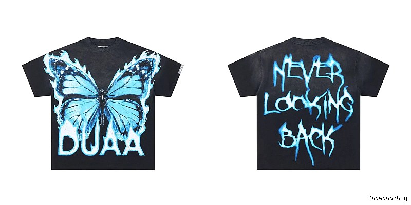 DUAA Butterfly Print Street Style Black and Blue Short-sleeved T-shirt