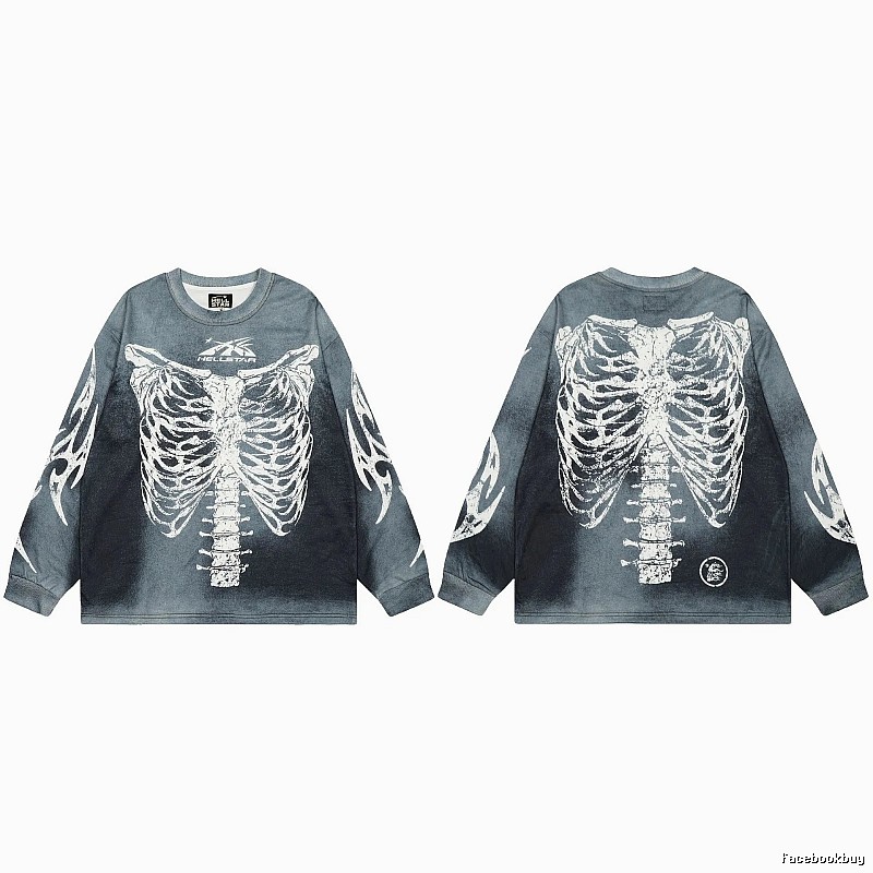 Hellstar Skull Print Street Style Vintage Grey Long Sleeve T-shirt