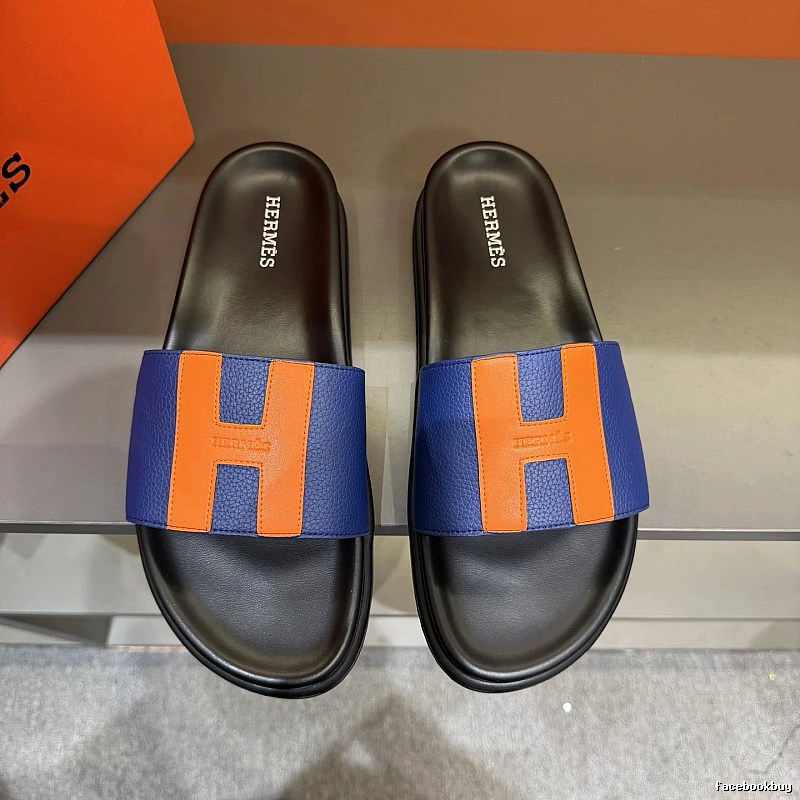 Hermès H Series Minimalist Style Blue and Orange Colorblock Slide Sandals