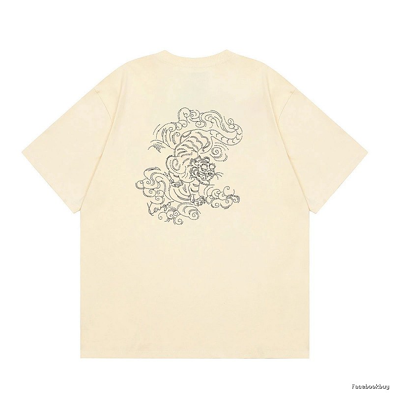 KENZO Auspicious Cloud Tiger Embroidery Chinese Style Beige Apricot Short Sleeve T-Shirt