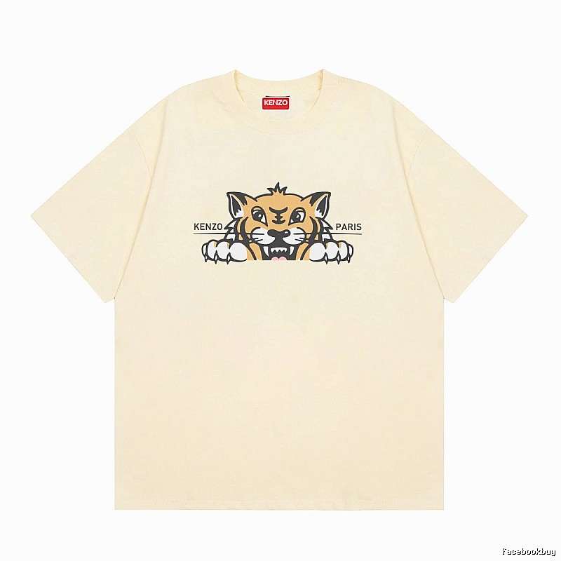 KENZO Tiger Head Print Streetwear Style Beige Short Sleeve T-Shirt