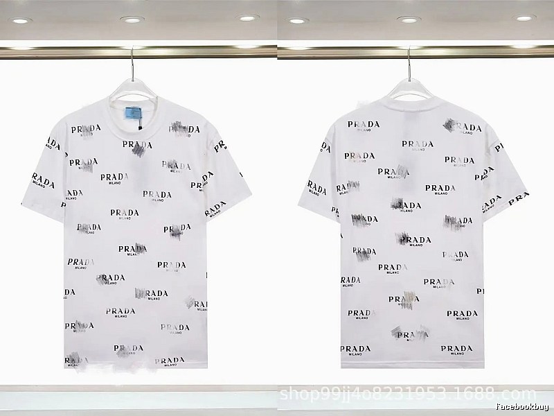 Prada All-over Print Streetwear Style White Short-sleeve T-Shirt