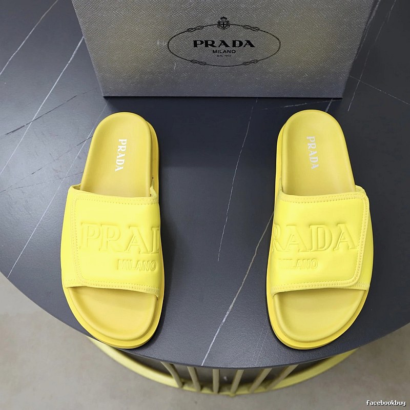 Prada Embossed Collection Minimalist Style Yellow Slide Sandals