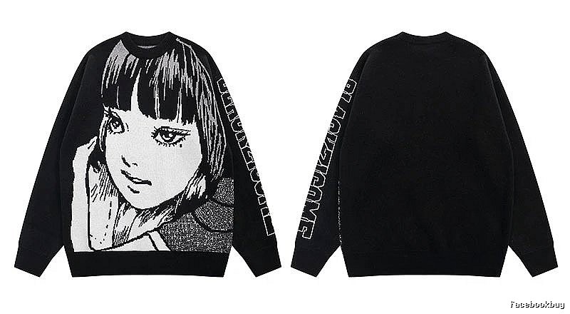Relaxed Anime graphic sweater Black Knit Top with Versatile Design