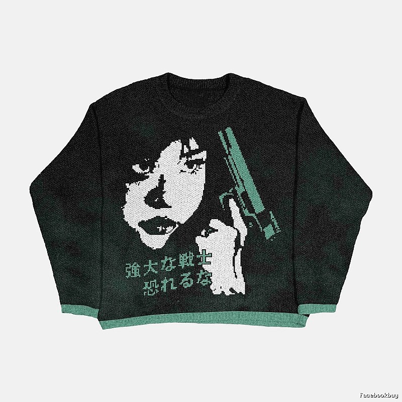 Resort Anime graphic sweater Black Knit Top for Travel Looks