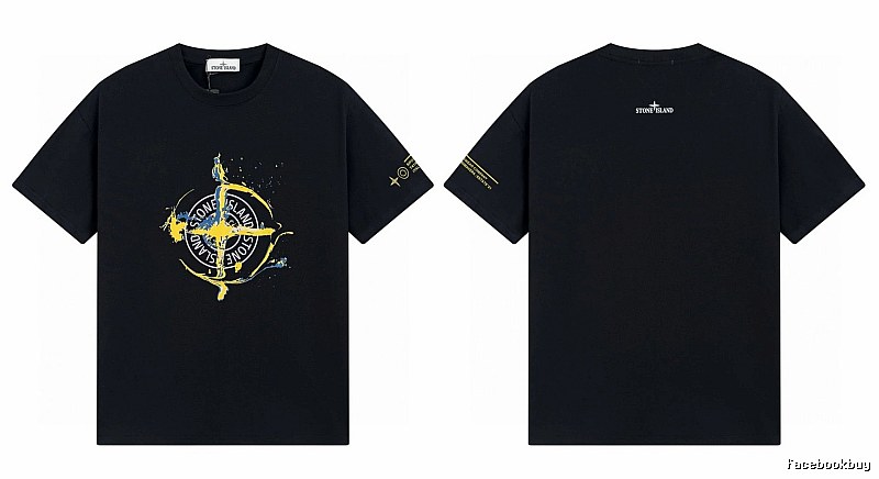 Stone Island Ink-splattered Street Style Black Short-sleeve T-shirt
