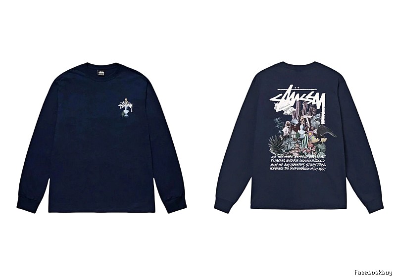 Stussy printed trendy style navy long-sleeve