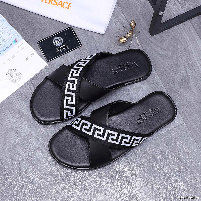 Versace Greek Key Casual Style Black Slide Sandals