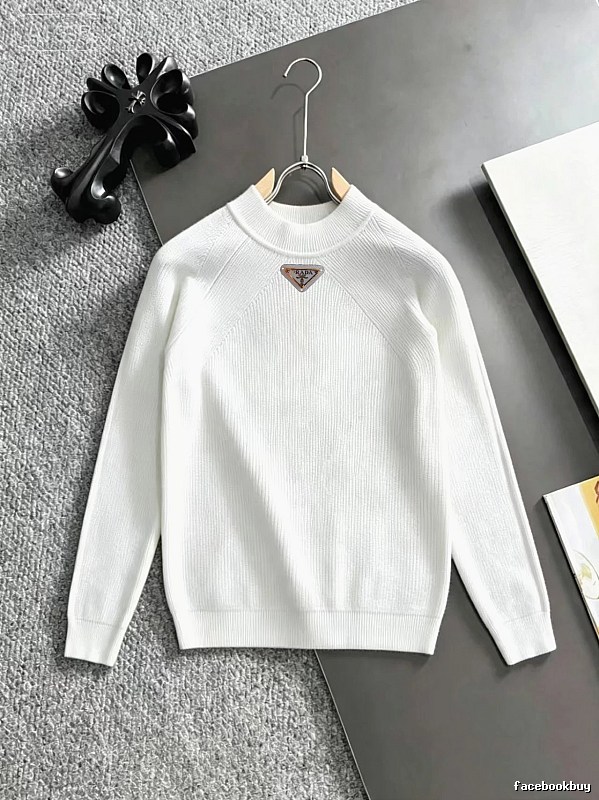White Crewneck Knit Sweater with Prada Crewneck Sweater with Zip Detail